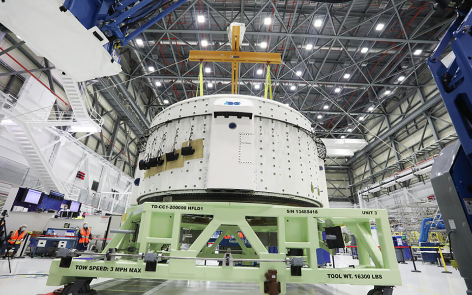 Picture of the completed Starliner service module for the Orbital Flight Test-2 mission as it prepares to be weighed.