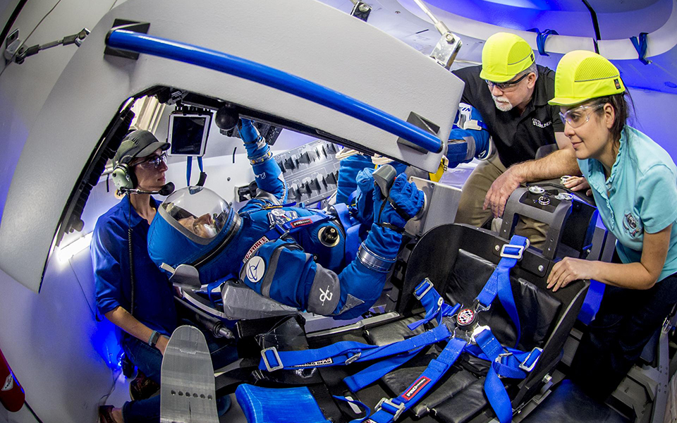 Picture of Boeing&rsquo;s Chris Ferguson testing Boeing&rsquo;s spacesuit designed to be worn by CST-100 Starliner astronauts.