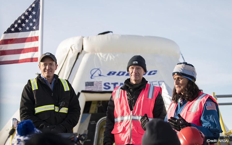 Picture of NASA astronaut Suni Williams Boeing&rsquo;s Chris Ferguson and Louis Atchison in front of CST-100 Starliner after historic landing on Dec. 22, 2019. (Credit: NASA)