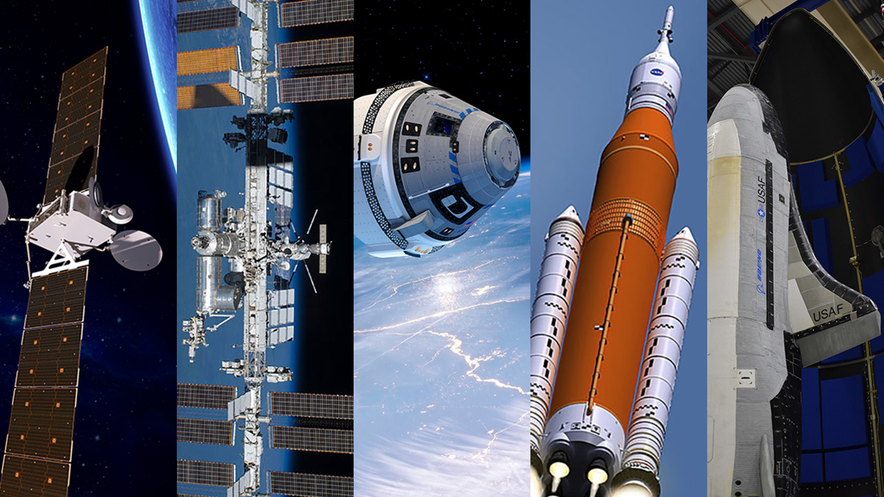 Photo collage of satellite, I S S, C S T 100 Starliner, S L S rocket, and X 37B space plane.