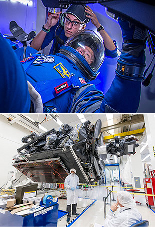 Picture of astronaut and technician in space suit inside C S T 100 Starliner.  Picture of technicians in lab coats inside a lab with large satellite.