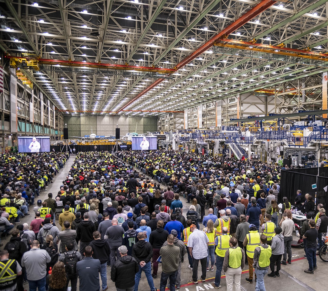 Employees gather for the 777/777x Quality Stand Down in Everett, Wash.
